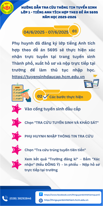 Hướng dẫn tra cứu thông tin tuyển sinh và nộp hồ sơ lớp 1 lớp tiếng Anh tích hợp theo đề án 5695 năm học 2025-2026